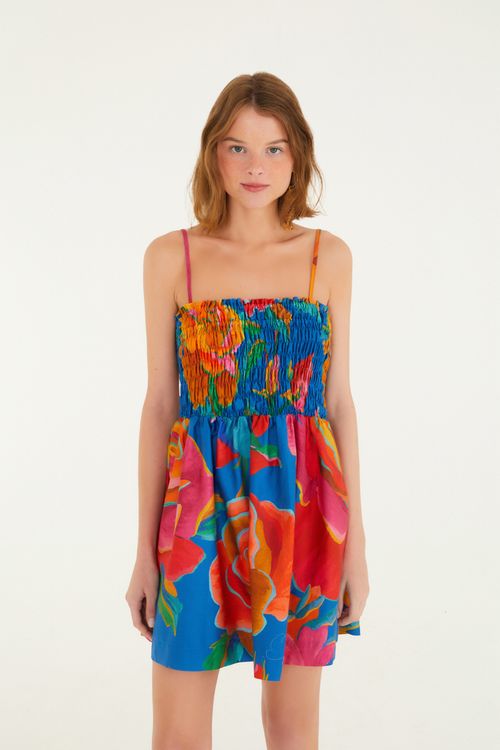 Vestido Curto Estampado Rosas Pintadas