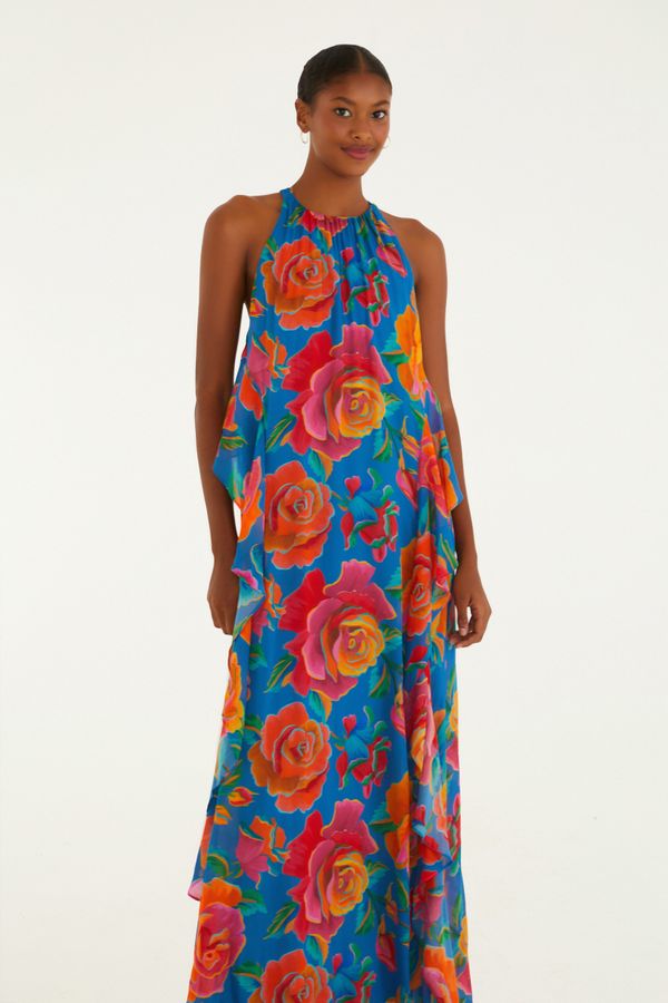 Vestido Babados Estampado Rosas Pintadas