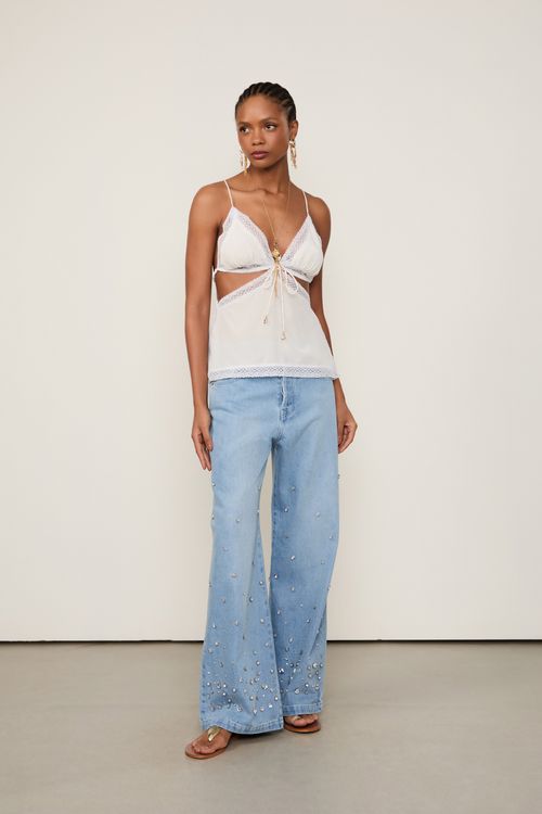 Blusa De Seda De Alça Off-White Renda Aplicada