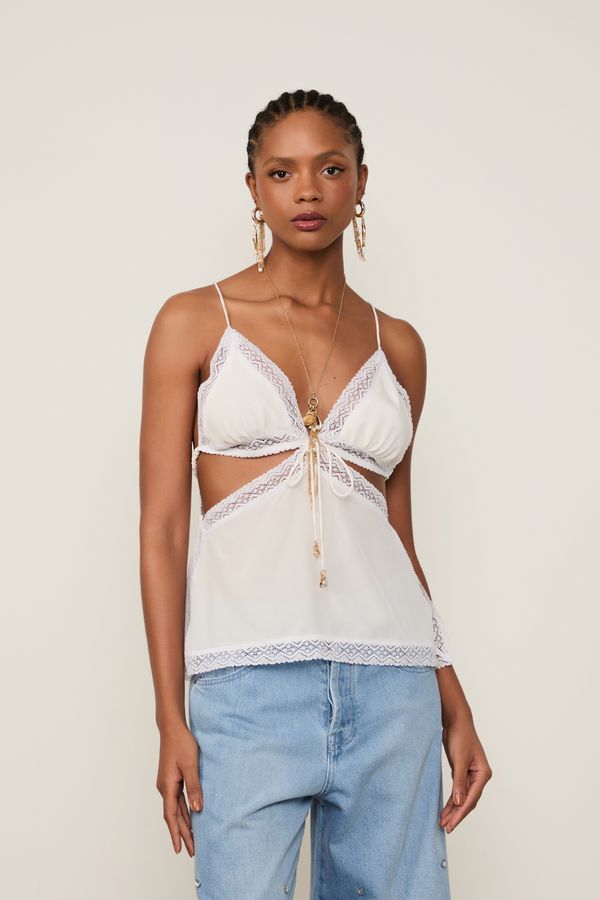 Blusa De Seda De Alça Off-White Renda Aplicada