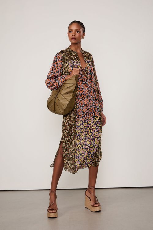 Vestido De Georgette Leve Midi Manga Longa Estampado