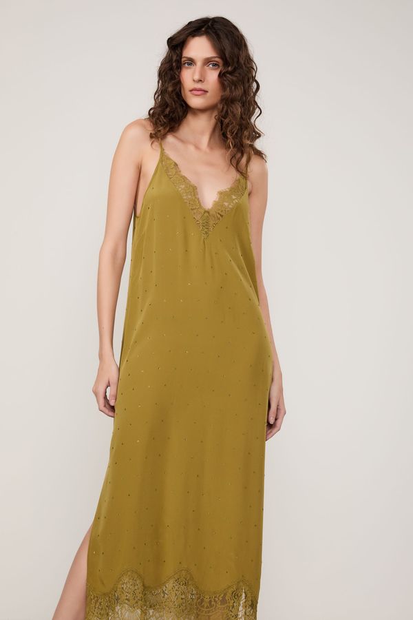Vestido De Seda Midi Slip Com Strass e Renda Verde Moss
