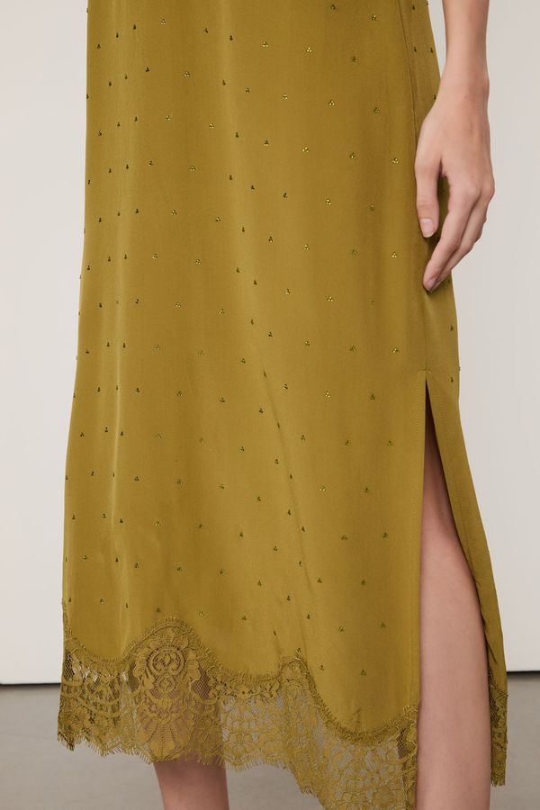 Vestido De Seda Midi Slip Com Strass e Renda Verde Moss