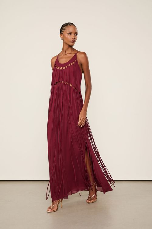 Vestido Alcinha De Georgette Longo Vermelho Wing Detalhes Em Rolotê
