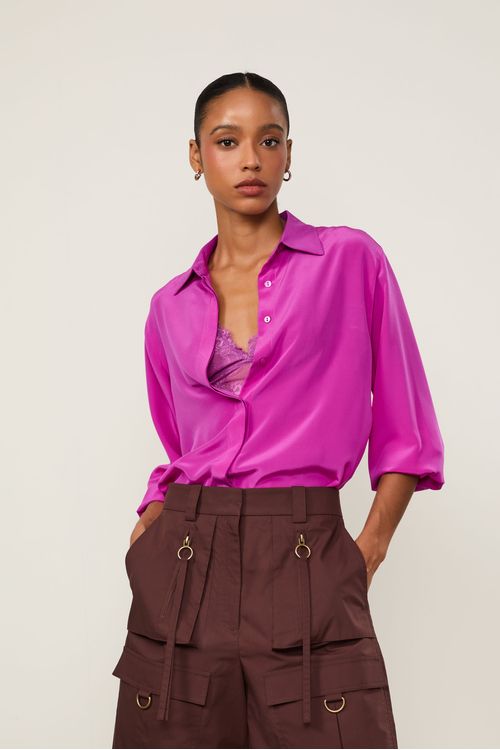 Camisa De Seda Ampla Rosa Tinta Manga Longa
