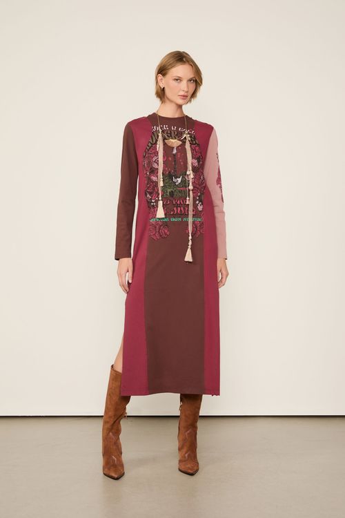 Vestido De Malha Fun Com Fenda Marrom e Vermelho