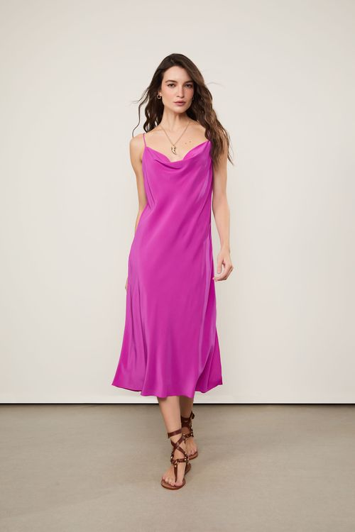 Slip Dress De Seda Rosa Tinta Decote Degagê