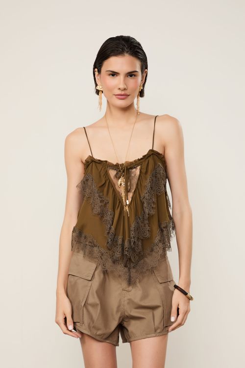 Top De Georgette Leve Marrom Renda Aplicada