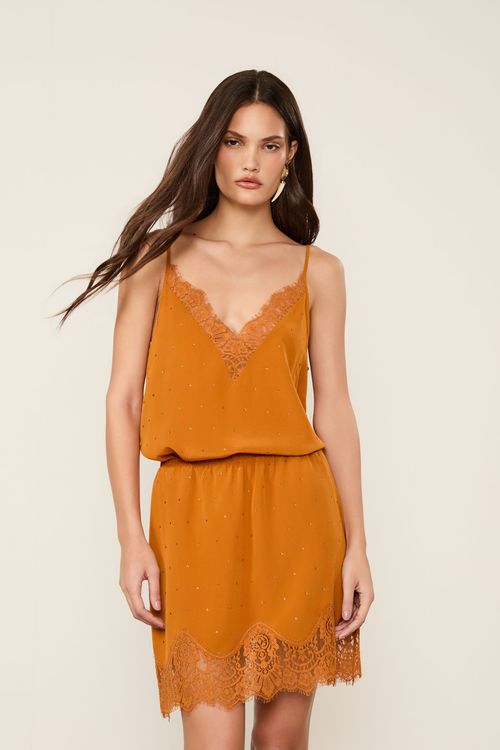 Top De Seda Laranja Veludo Com Strass e Renda