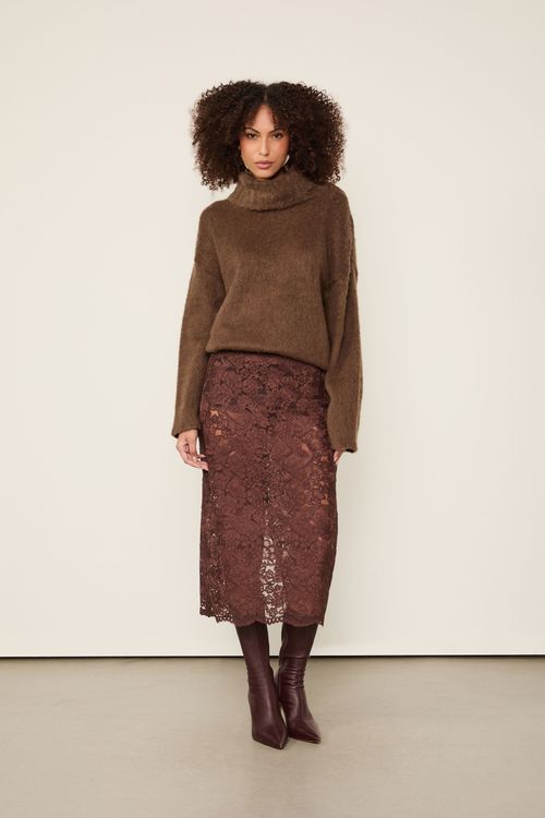 Saia De Renda Midi Marrom Dries