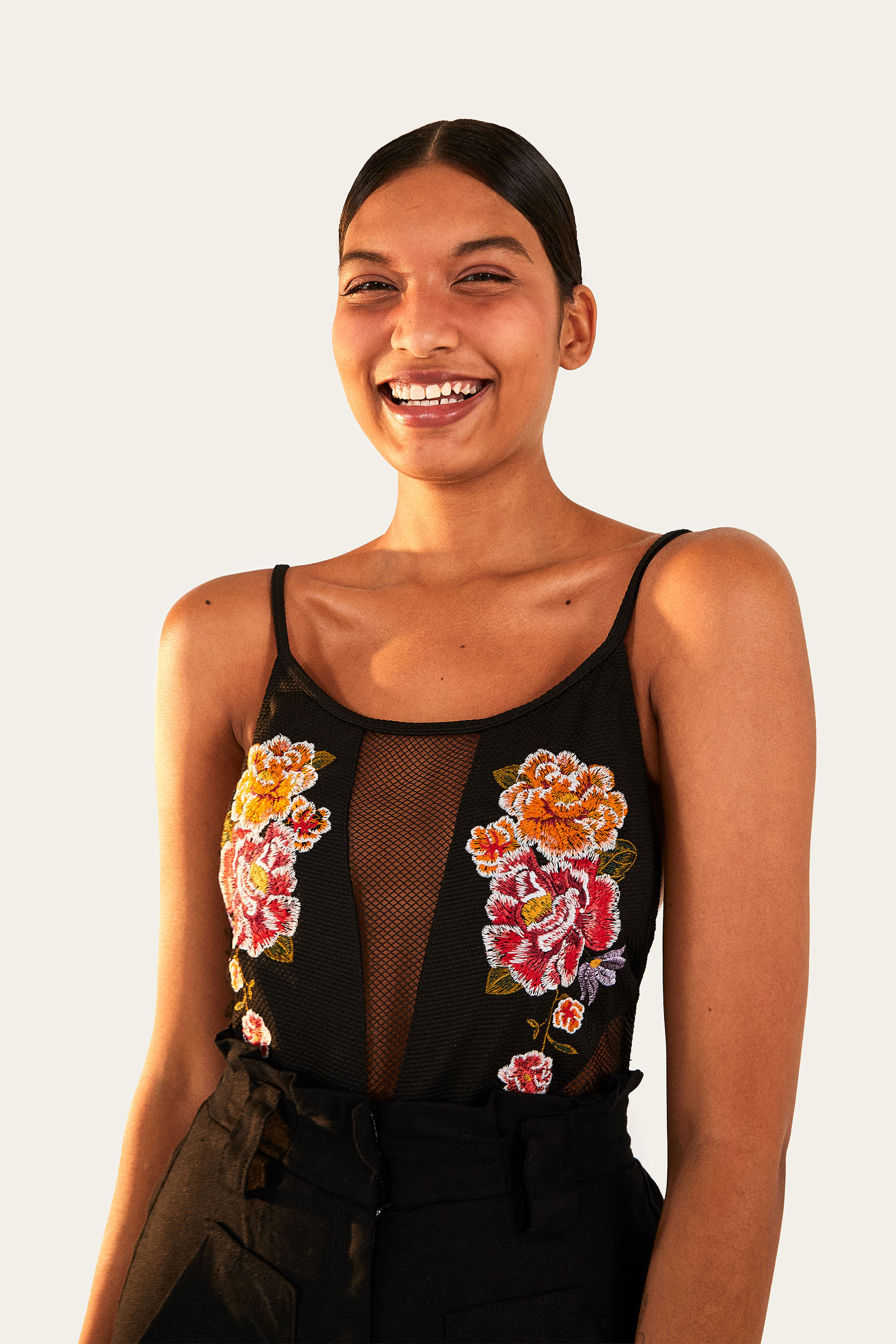 Black Mesh Floral Embroidered Bodysuit