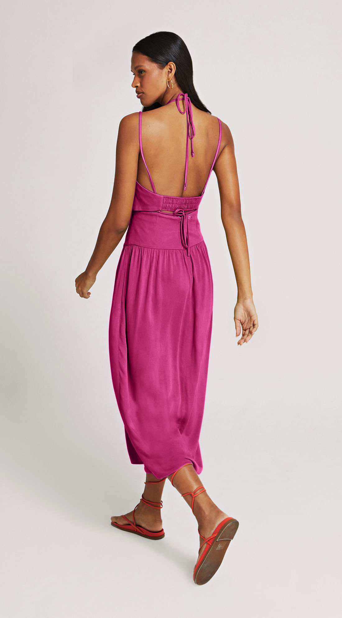 Vestido Morena Rosa Midi Decote Quadrado Amarração Cóstas Pink