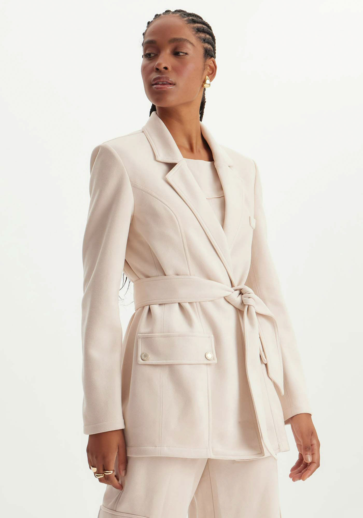 Ivory Double Breasted Blazer Dress Trench Coat