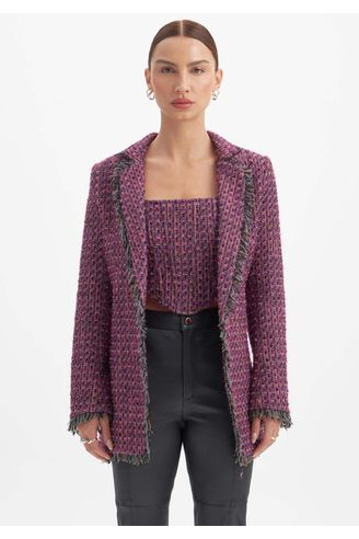 Blazer Curto em Tweed com Estampa Xadrez Pied-de-poule e Manga Bufante Bege