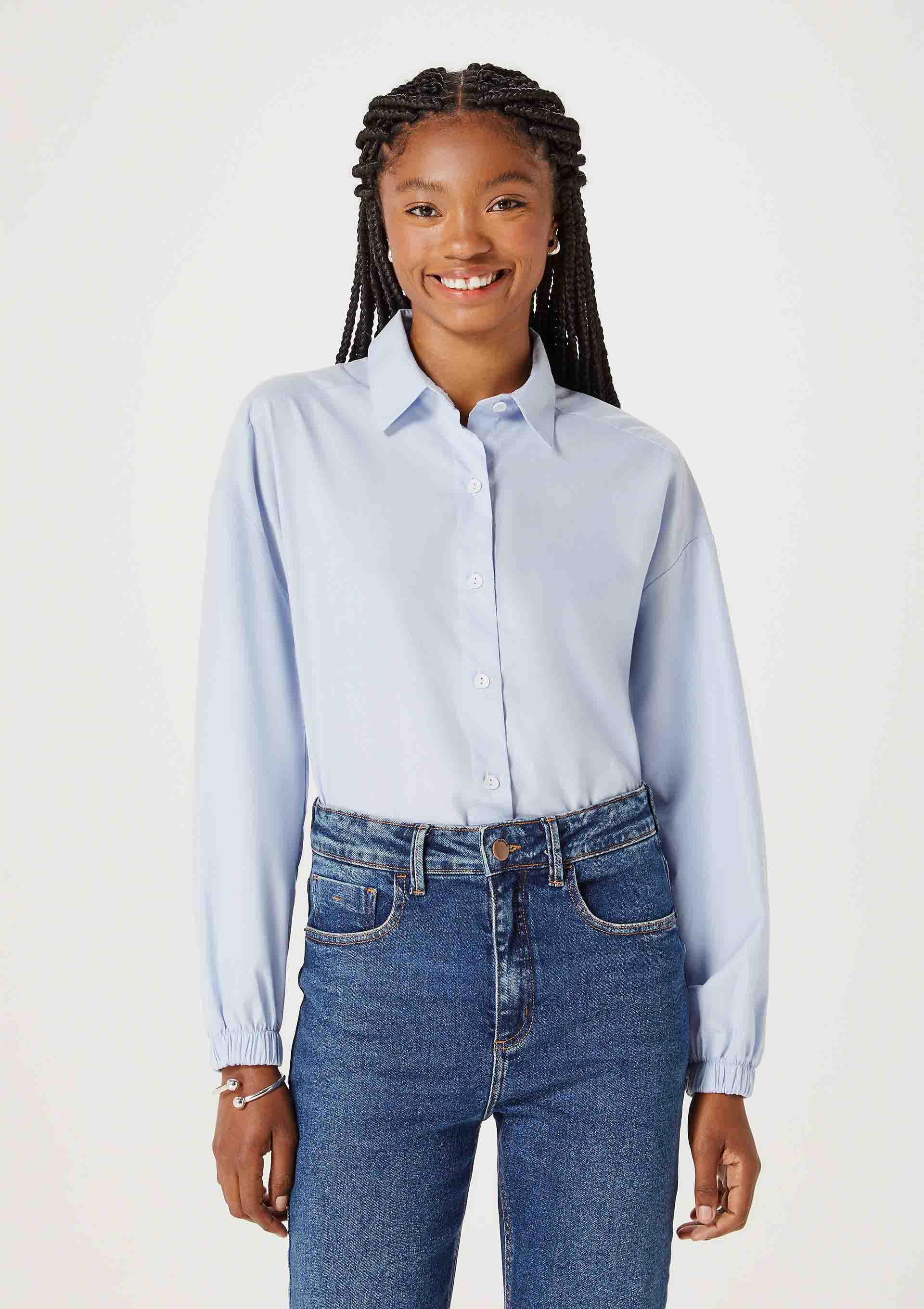 Cropped Oversized Denim Button-Down Shirt