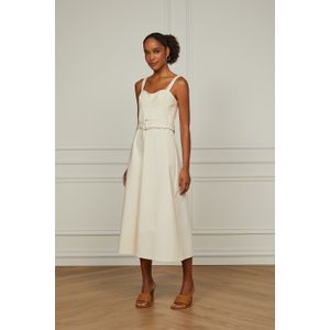 Vestido Midi Corset Com Cinto e Alça Bordada Bege