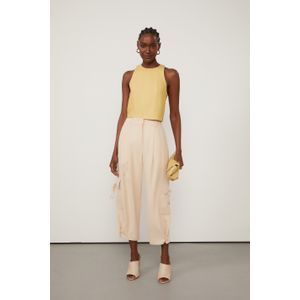 Calça De Crepe Com Botões Na Perna Bege Madeira