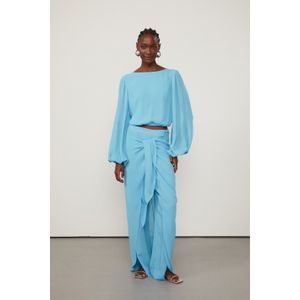 Calça De Georgette Pesado Pareô Azul Cintura Alta