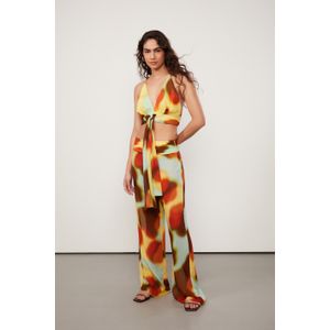 Calça De Georgette Leve Flare Estampada Cintura Alta