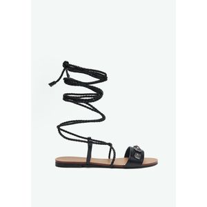 Sandália Rasteira Em Couro Com Amarração E Rebites