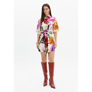 Vestido Chemise Manga Curta Estampado Com Faixa