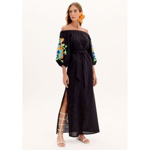 Vestido Ombro A Ombro Super Midi Com Mangas Bufantes E Flores