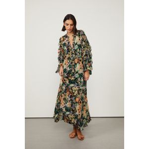 Vestido De Georgette Leve Longo Nesgas Estampado Manga Longa