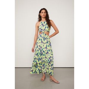 Vestido De Georgette Pesado Midi Recorte Na Cintura Estampado Nó