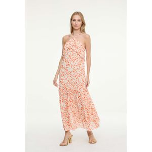 Vestido De Georgette Midi Com Babados No Decote Estampado