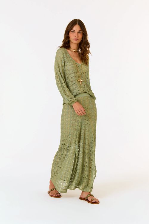 Saia Tricot Rendada Com Recortes