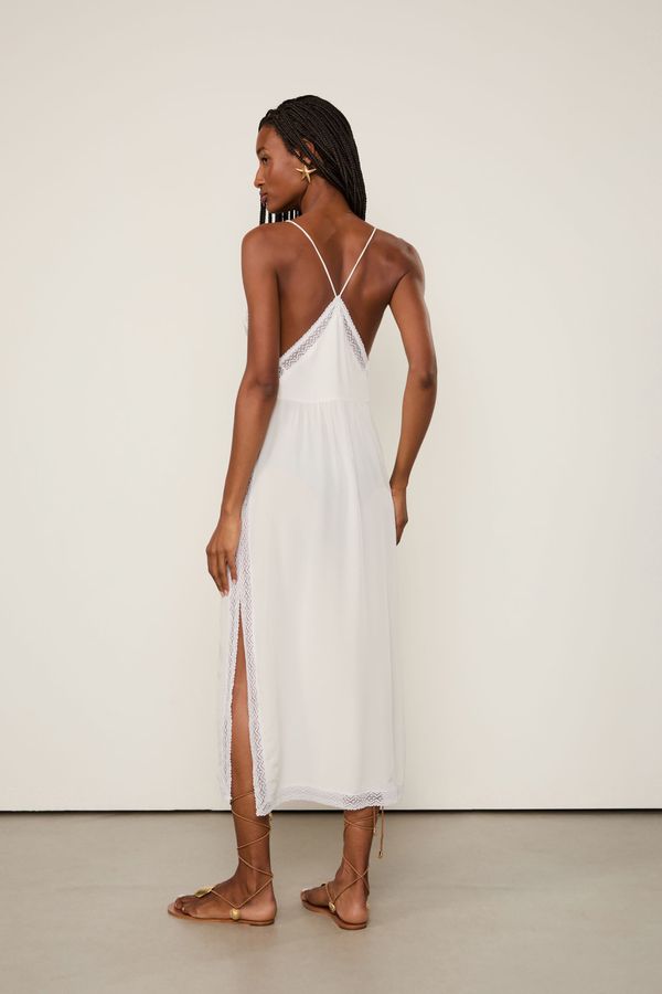 Vestido De Seda Midi Off-White Renda Aplicada