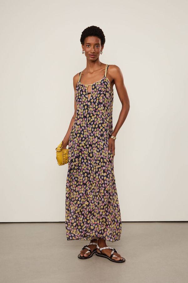 Vestido De Georgette Longo Recorte Com Vivos Estampa Liberty Arte