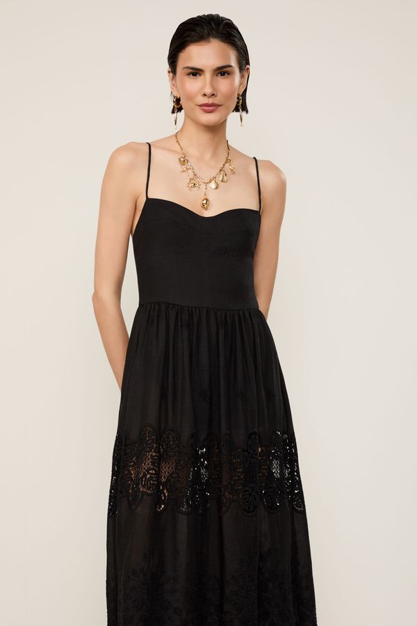 Vestido Midi Com Linho Com Bordado Richelieu