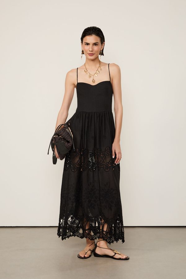 Vestido Midi Com Linho Com Bordado Richelieu