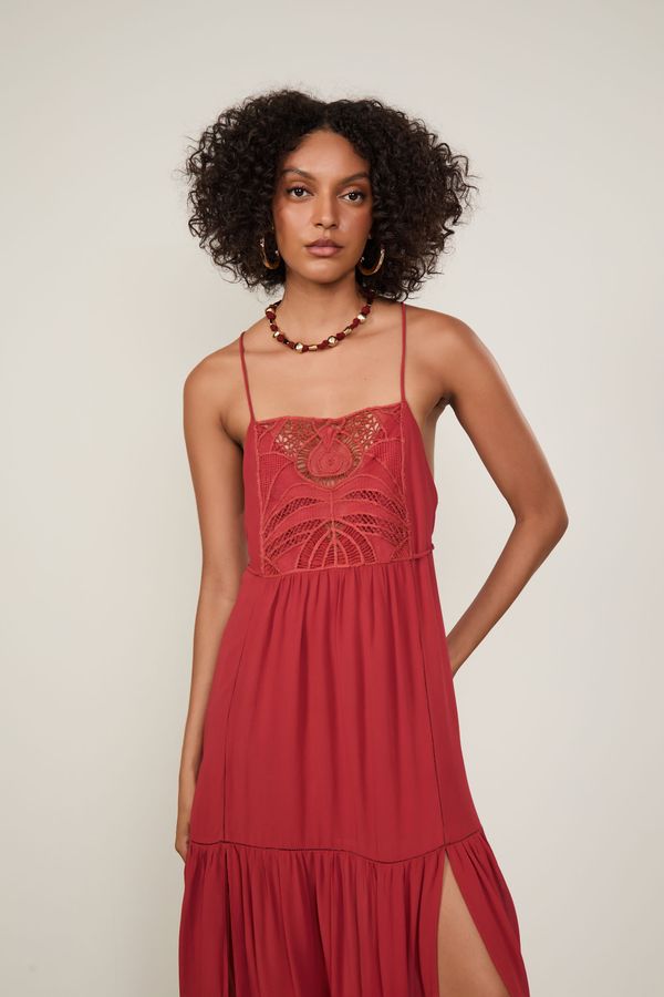 Vestido De Georgette Pesado Midi Nautico Com Pala De Renda