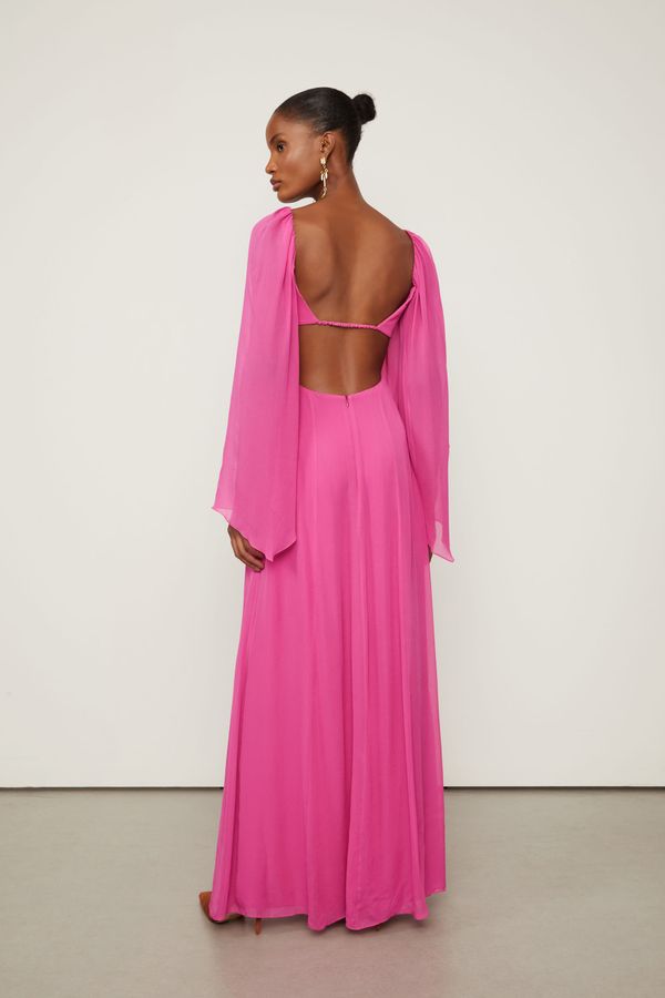 Vestido De Georgette Leve Longo Manga Longa Rosa Fendas