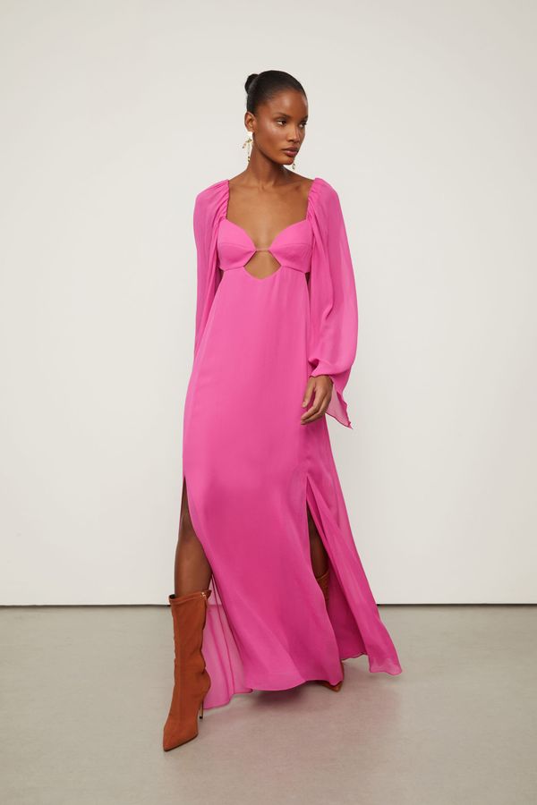 Vestido De Georgette Leve Longo Manga Longa Rosa Fendas