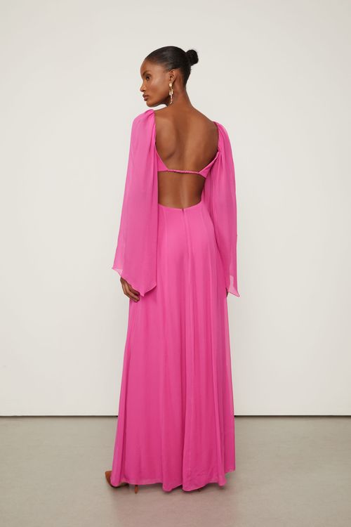 Vestido De Georgette Leve Longo Manga Longa Rosa Fendas