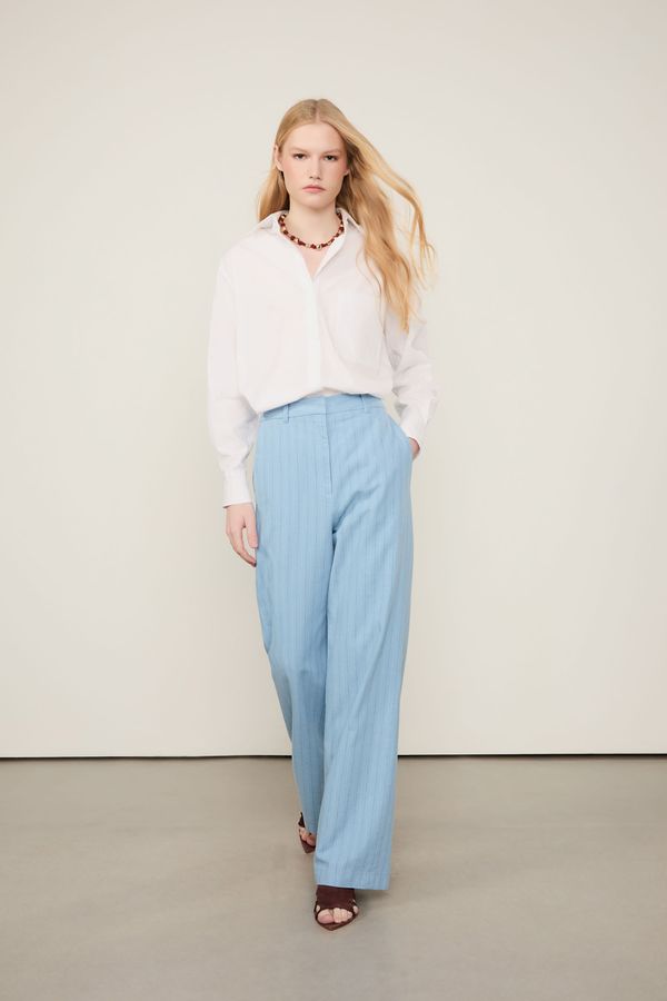 Calça De Algodão Com Linho De Alfaiataria Risca De Giz Bicolor Azul