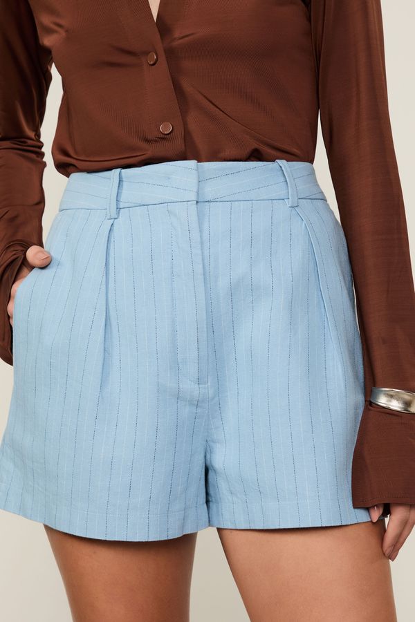 Short De Algodão Com Linho Risca De Giz Bicolor Azul