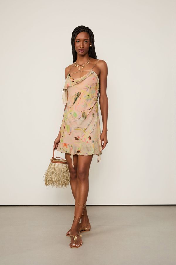 Vestido De Georgette Leve Curto Assimétrico Estampado