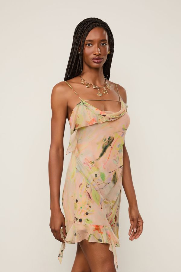 Vestido De Georgette Leve Curto Assimétrico Estampado