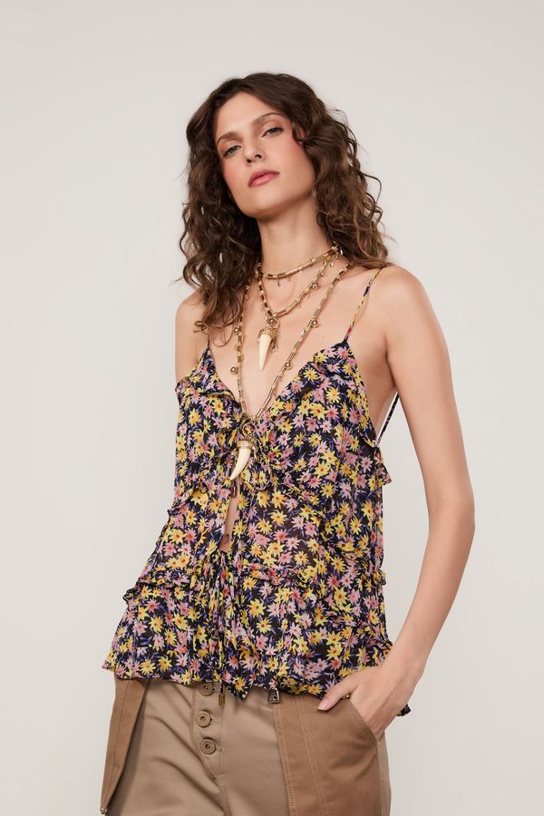 Blusa De Georgette Leve Amarração Estampada De Alça