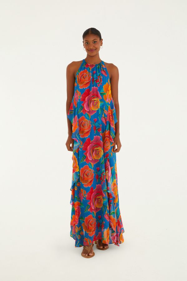 Vestido Babados Estampado Rosas Pintadas