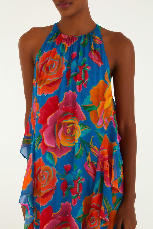 Vestido Babados Estampado Rosas Pintadas