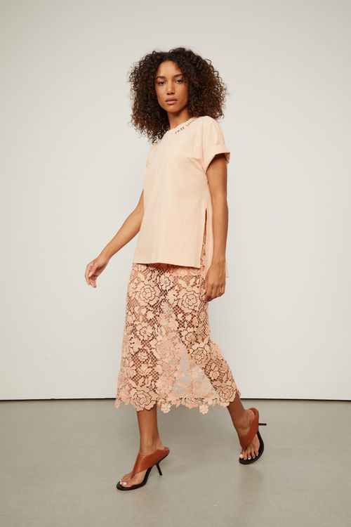 Saia De Renda Midi Rosê Com Hot Pants