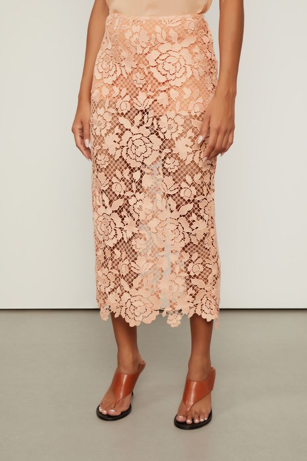 Saia De Renda Midi Rosê Com Hot Pants