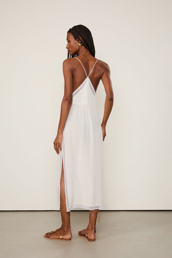 Vestido De Seda Midi Off-White Renda Aplicada