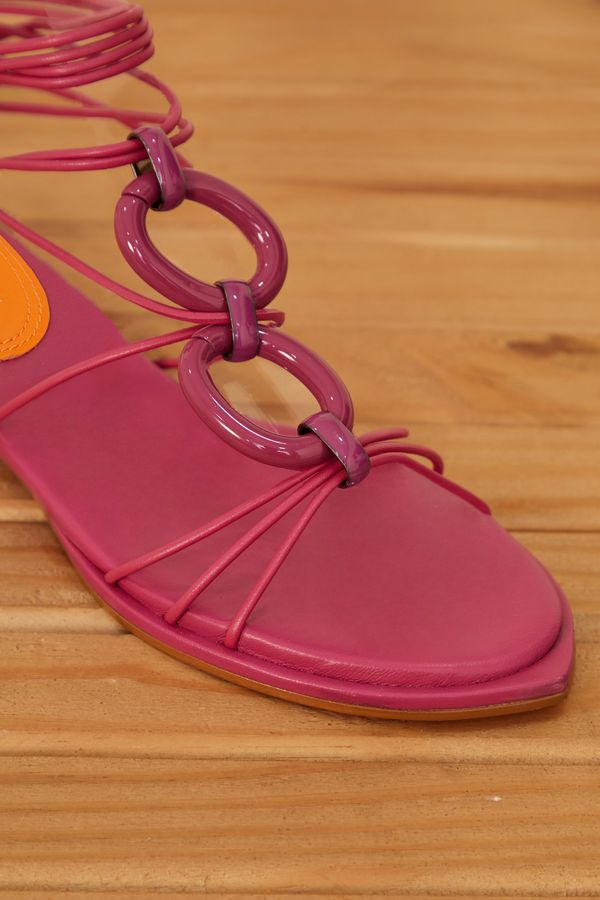 Rasteira Couro Corrente Pintada Rosa
