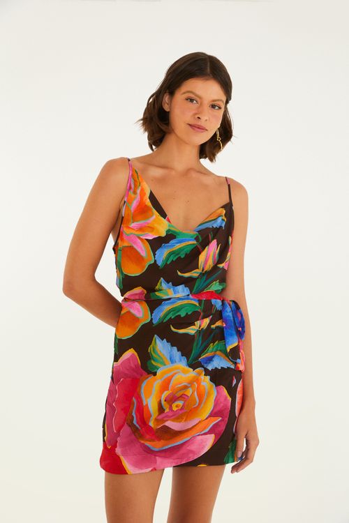 Vestido Curto Estampado Rosas Pintadas